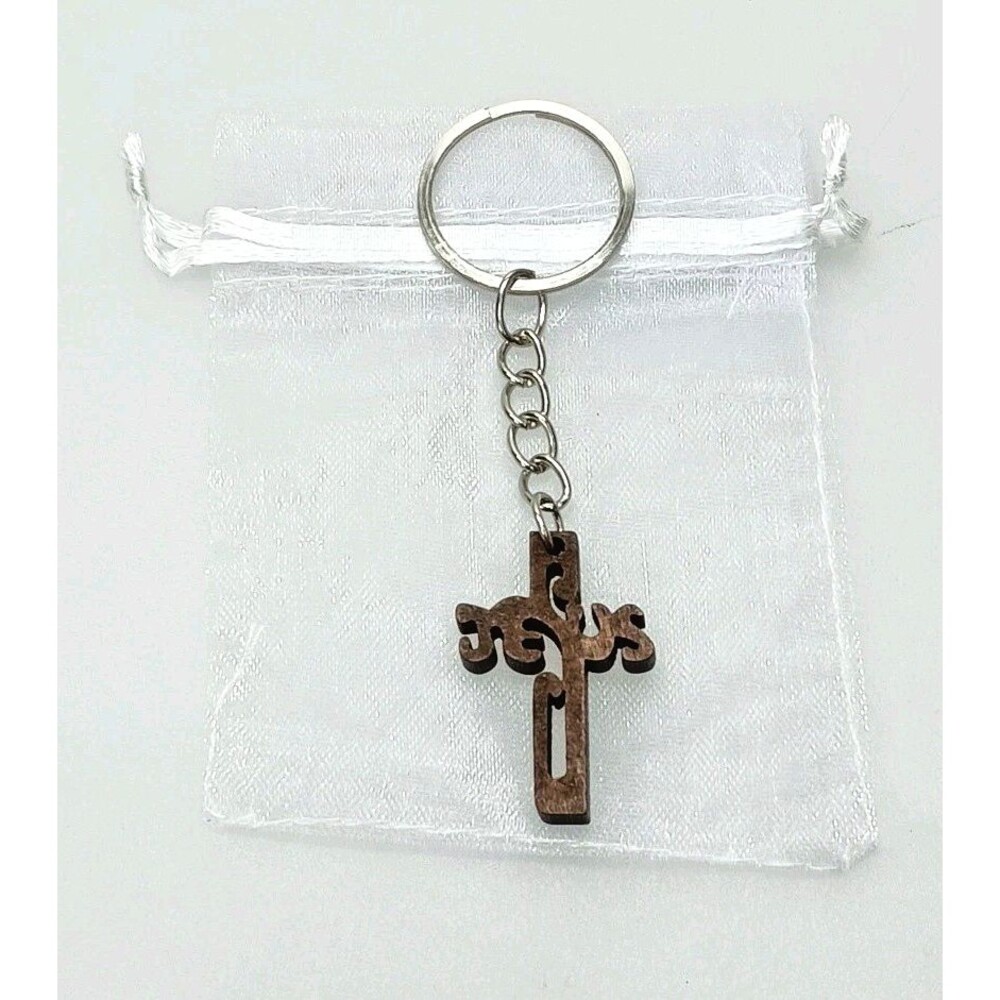 Beautiful Engraved Religious Wood Keychain With Cross
